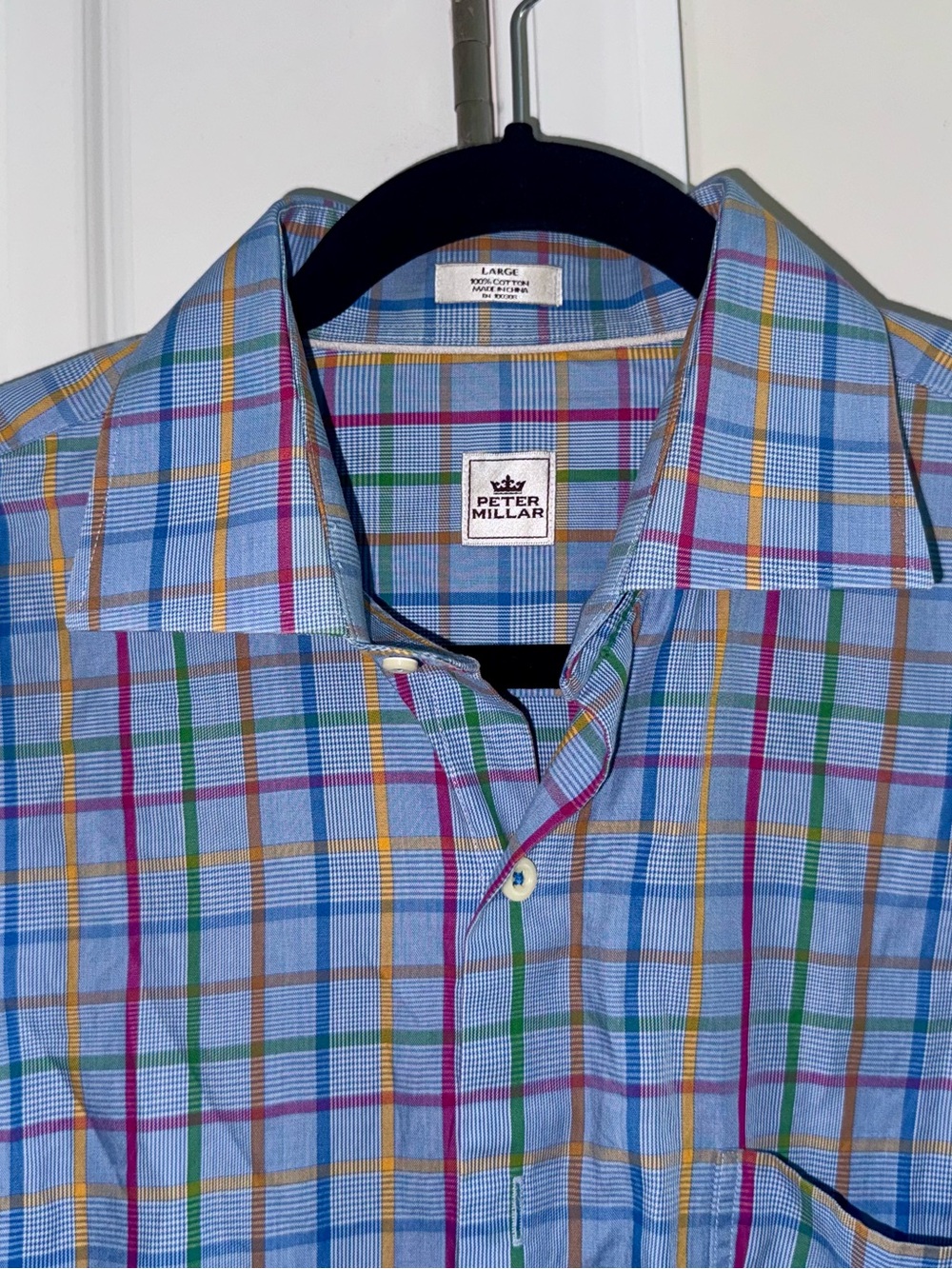 Peter Millar Men’s Blue Multi-Color Check Button-Up Shirt